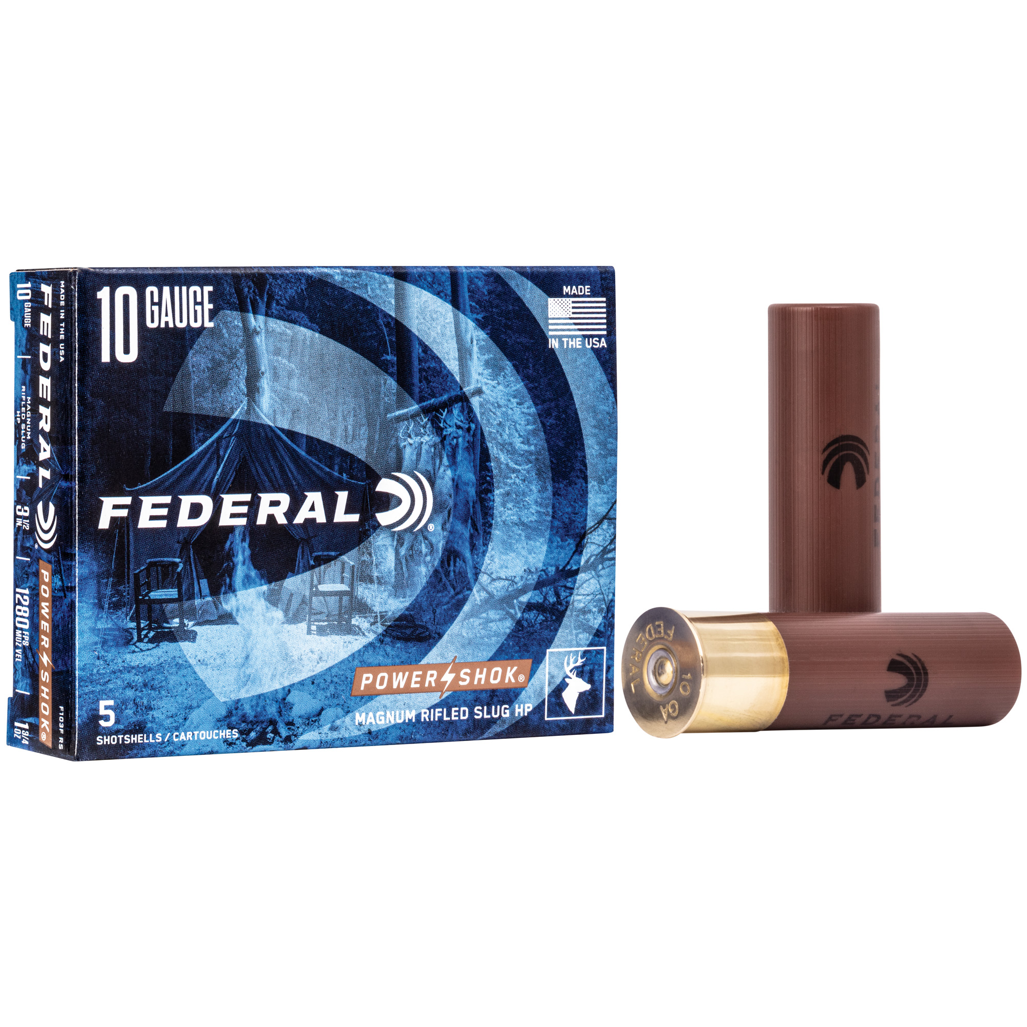 Federal, PowerShok Ammunition, 10Ga 3.5", 1.75oz, Rifled Slug Hollow Point,5 Round Box