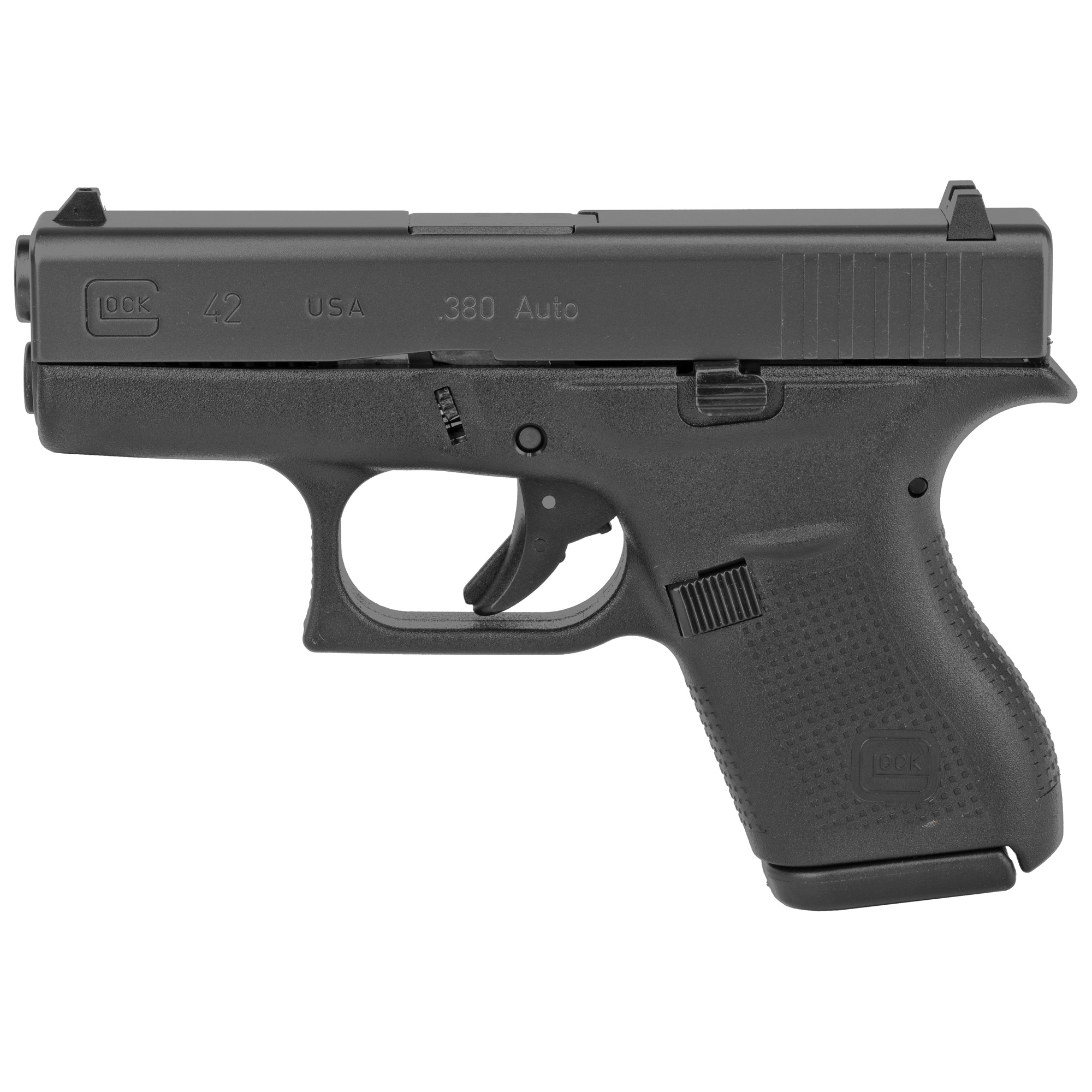 Glock, 42, Striker Fired, Semi-automatic, Polymer Frame Pistol, Sub-Compact, 380 ACP, 3.25" Barrel, Matte Finish, Black, No Finger Grooves, Fixed Sights, 6 Rounds, 2 Magazines