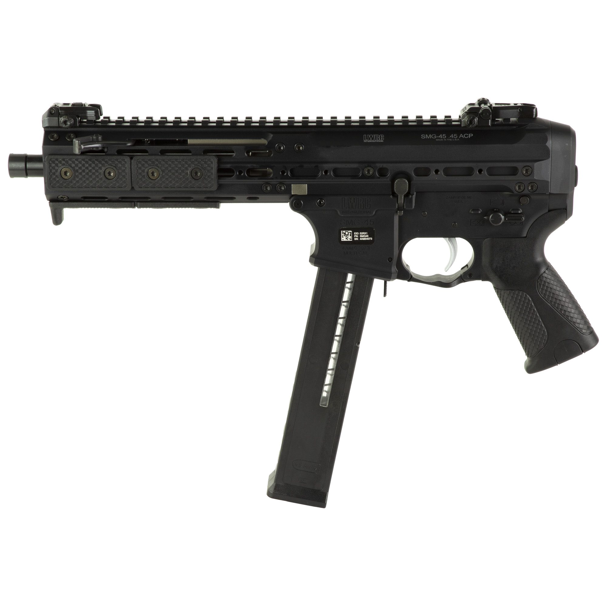 LWRC, SMG 45, Semi-automatic Pistol, 45 ACP, 8.5" Cold Hammer Forged Chromoly Steel Barrel, Black Finish, 2-25 Round Magazines, 5.9 Pounds, .578-28 Right Handed Muzzle Threads,...